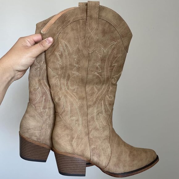Shoes - 🆕Women Camel Faux Leather Western Cowgirl Chunky Heel Mid Calf Snip Toe Boots